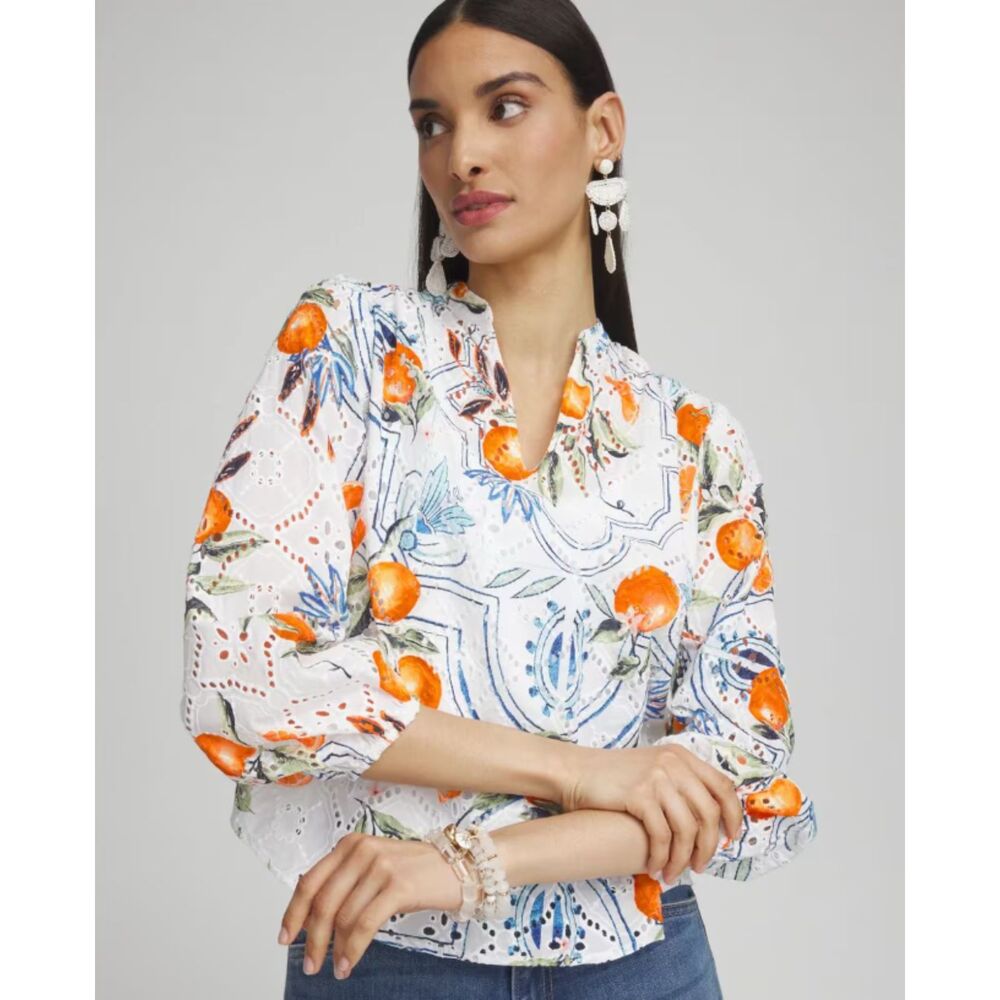 Chico's Printed Eyelet Shirt Women's 3.5 / US 18 White Oranges 3/4 Sleeve NWT